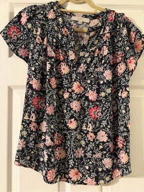 LOFT Navy Floral Short-Sleeve Blouse with Pink & Yellow never worn